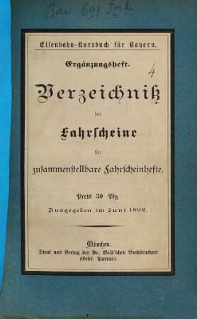 Verzeichniß der Fahrscheine für zusammenstellbare Fahrscheinhefte. 1892