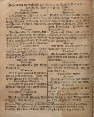 Verzeichnuß der Ankunfft und Abgang der Kayserl. Posten in der Hochfürstl. Residentz-Stadt Fulda.