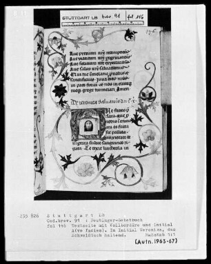 Gebetbuch des Konrad Peutinger — Initiale A (ve facies), darin Veronika mit dem Schweißtuch, Folio 146recto