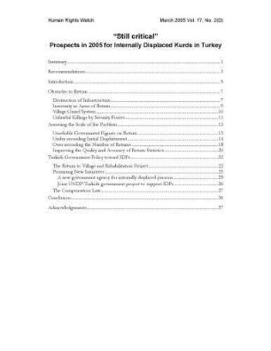 "Still critical" : prospects in 2005 for internally displaced Kurds in Turkey