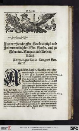 Allerdurchlauchtigster, Großmächtigst = und Unüberwindlichster Röm. Kayser, auch zu Hispanien, Hungarn und Böheim König