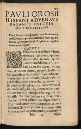 Pauli Orosii Adversus Paganos Historiarum Liber Septimus.