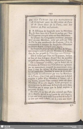 De La Table De La Différence de Longitude entre les Méridiens de Paris & de divers lieux de la Terre, avec leur hauteur du Pole ou Latitude