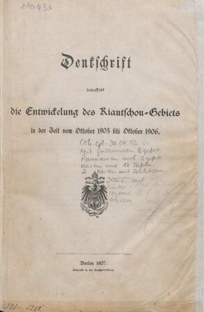 1905/06: Denkschrift betreffend die Entwicklung des Kiautschou-Gebiets