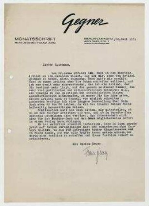 Brief von Franz Jung an Raoul Hausmann. Berlin. Anbei Brief von Heinrich Jenne