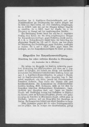 Eingreifen der Karpathenverteidigung. Abweisung des ersten russischen Einfalles in Oberungarn.