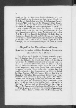 Eingreifen der Karpathenverteidigung. Abweisung des ersten russischen Einfalles in Oberungarn.