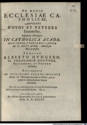 De Medio Ecclesiae Catholicae, Adversus Novos Et Veteres Extremistas : Disputatio Theologica, ...