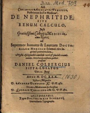 Positiones hasce Medicas, De Nephritide, Sive Renum Calculo