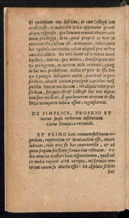 De Simplice, Proprio Et nativo sensu verborum institutionis Coenae Dominicae retinendo.