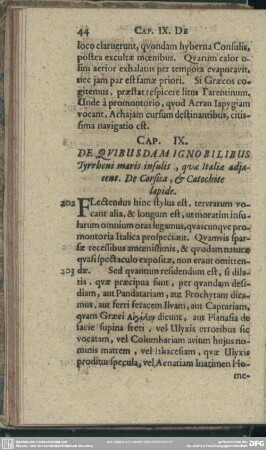 Cap. IX. De Quibusdam Ignobilibus Tyrrheni maris insulis, quae Italia adiacent. De Corsica, & Catochite lapide