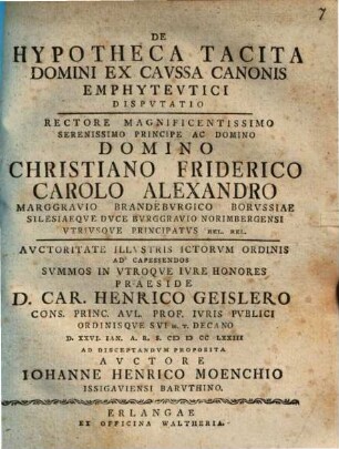 De hypotheca tacita domini ex caussa canonis emphyteutici, disputatio