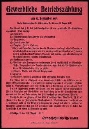 "Gewerbliche Betriebszählung am 10. September 1917" in Stuttgart, folgt: von der Zählung betroffene Gewerbe
