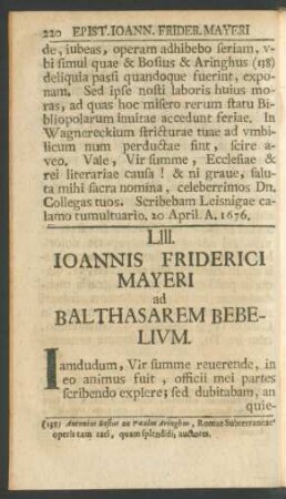 LIII. Ioannis Friderici Mayeri ad Balthasarem Bebelium