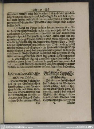 II. Informatio exactis, für die Patres Jesuitas - II. Gräffliche Lippische Ablehnung