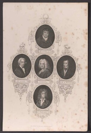 Porträt Samuel Arnold, Thomas Augustine Arne, Henry Bishop, Henry Purcell und Georg Friedrich Händel