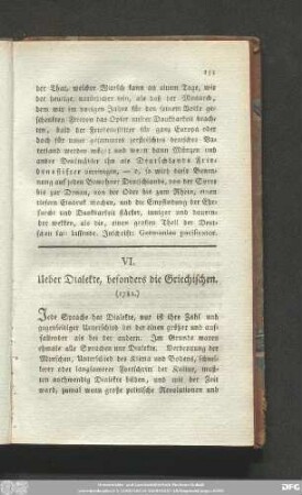 VI. Ueber Dialekte, besonders die Griechischen. (1782.)