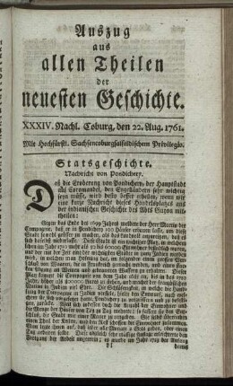 XXXIV. Nachl. Coburg, den 22. Aug. 1761.