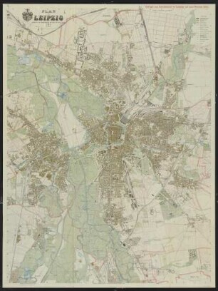 Plan von Leipzig, 1: 10 000, Lithographie, 1915 : Plan von Leipzig / bearb. vom Vermessungsamt des Rates der Stadt. - 13. Aufl. - 1:10 000. - Leipzig : Giesecke und Devrient, 1915. - 1 Kt. : mehrfarb. Lithogr. ; 89 x 120 cm