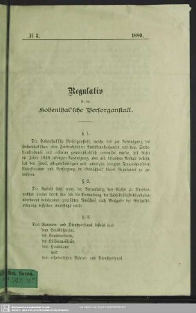 Regulativ für die Hohenthal'sche Versorganstalt