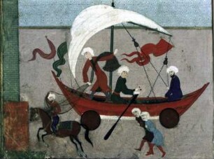 Das Buch der Festlichkeiten — In einem Boot auf Rädern ziehen die Schiffer vorbei