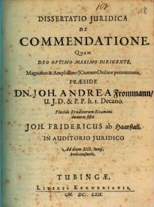 Dissertatio iuridica de commendatione