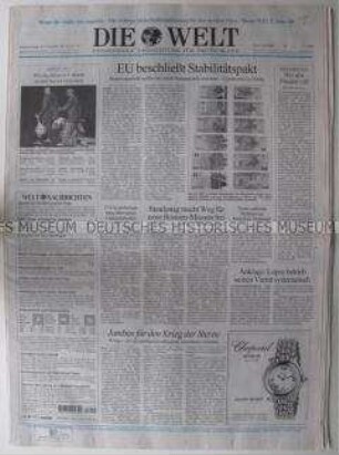 Tageszeitung "Die Welt" mit Schwerpunktthema EU-Finanzpolitik, vorgestellte Ergebnisse des EU-Gipfels in Dublin