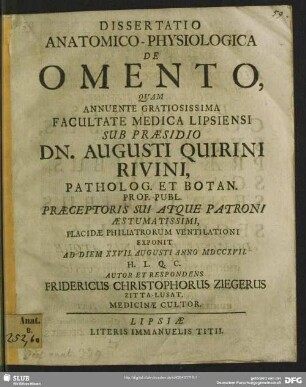 Dissertatio Anatomico-Physiologica De Omento