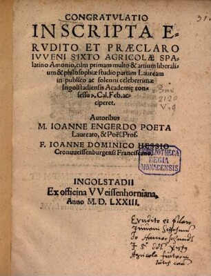Congratulatio inscripta ... Sixto Agricolae Spalatino Amonio ...