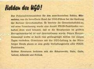 Propagandaflugblatt des FDGB gegen das Wirken der UGO in den Westsektoren Berlins