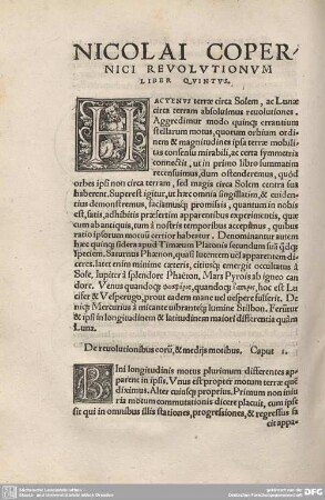 Nicolai Copernici Revolutionum Liber Quintus.