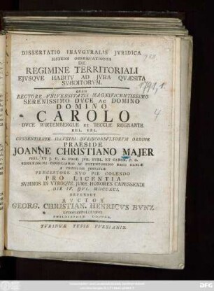 Dissertatio Inavgvralis Jvridica Sistens Observationes De Regimine Territoriali Ejvsqve Habitu Ad Jvra Qvaesita Svbditorvm