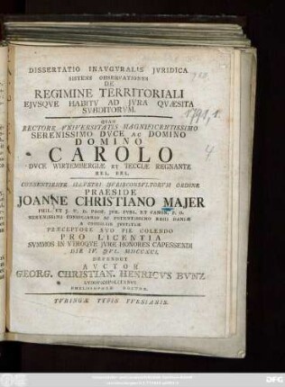 Dissertatio Inavgvralis Jvridica Sistens Observationes De Regimine Territoriali Ejvsqve Habitu Ad Jvra Qvaesita Svbditorvm