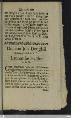 Domino Joh. Douglass Chirurgo Londinensi, [et]c. Laurentius Heister S. P. D.