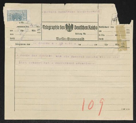 Brief von Ferdinand Avenarius von Dürer-Bund <Dresden> an Gerhart Hauptmann