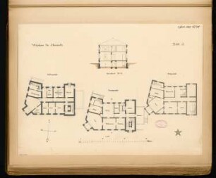 Wohnhaus, Eberswalde Monatskonkurrenz Juli 1880: Grundriss Keller, Erdgeschoss, Dachgeschoss, Querschnitt 1:150; Maßstabsleiste