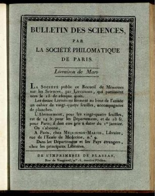 Bulletin Des Sciences, Par La Société Philomatique De Paris. Livraison de Mars.