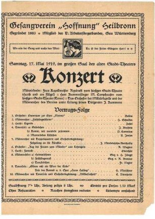 Programmzettel für ein Konzert des Gesangverein "Hoffnung" Heilbronn im Saal des alten Stadt-Theaters