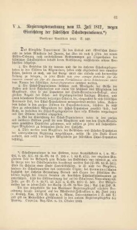 V A. Regierungsverordnung vom 13. Juli 1812, wegen Einrichtung der städtischen Schuldeputationen