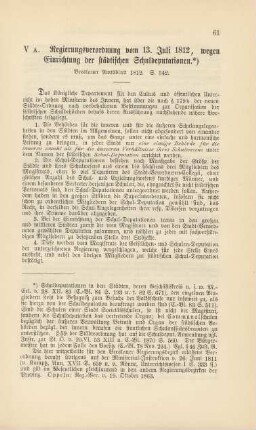 V A. Regierungsverordnung vom 13. Juli 1812, wegen Einrichtung der städtischen Schuldeputationen