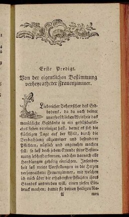 Erste Predigt. Von der eigentlichen Bestimmung verheyratheter Frauenzimmer.