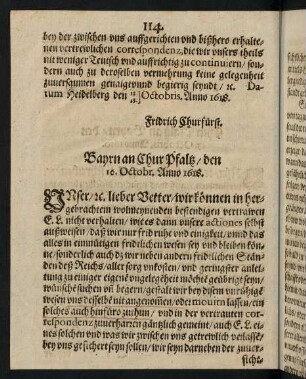 114-116, Bayrn an Chur Pfaltz den 16. Octobr Anno 1618