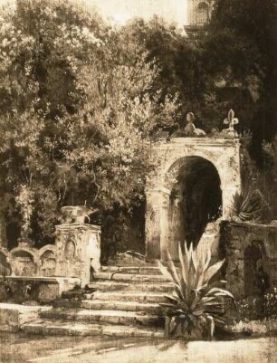Im Park der Villa d' Este in Tivoli : Im Park der Villa d' Este in Tivoli. Ölgemälde (1871; A. Thomas)