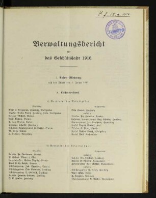 Verwaltungsbericht für das Geschäftsjahr 1916.