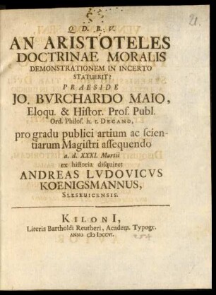 An Aristoteles Doctrinae Moralis Demonstrationem In Incerto Statuerit?