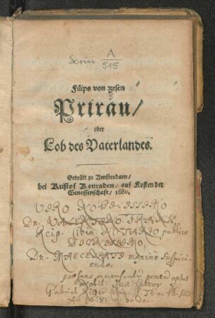Filips von Zesen Prirau/ oder Lob des Vaterlandes