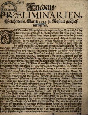 Friedens-Praeliminarien, Welche den 6. Martii 1714 zu Rastatt geschlossen worden