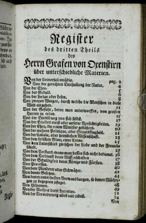 Register des dritten Theils des Herrn Grafen von Oxenstirn über unterschiedliche Materien.