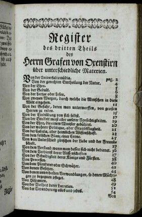 Register des dritten Theils des Herrn Grafen von Oxenstirn über unterschiedliche Materien.