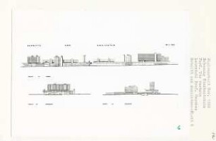 Bebauung Stadtautobahn, Berlin-Wilmersdorf (Diplomarbeit bei Bernhard Hermkes): Ansichten von Norden, Westen, Osten und Schnitte 1:500